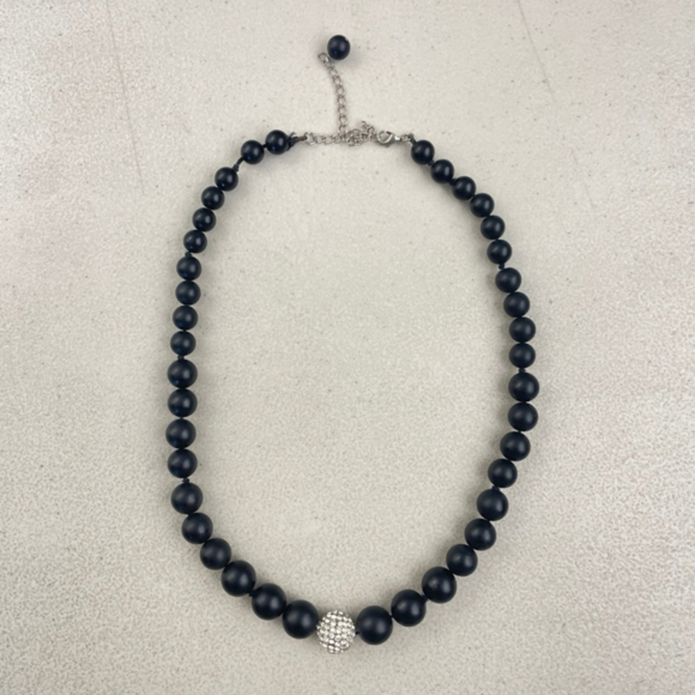 Vintage Crystal Rhinestone & Black Resin Bead Necklace 90s Chunky Beaded Strand